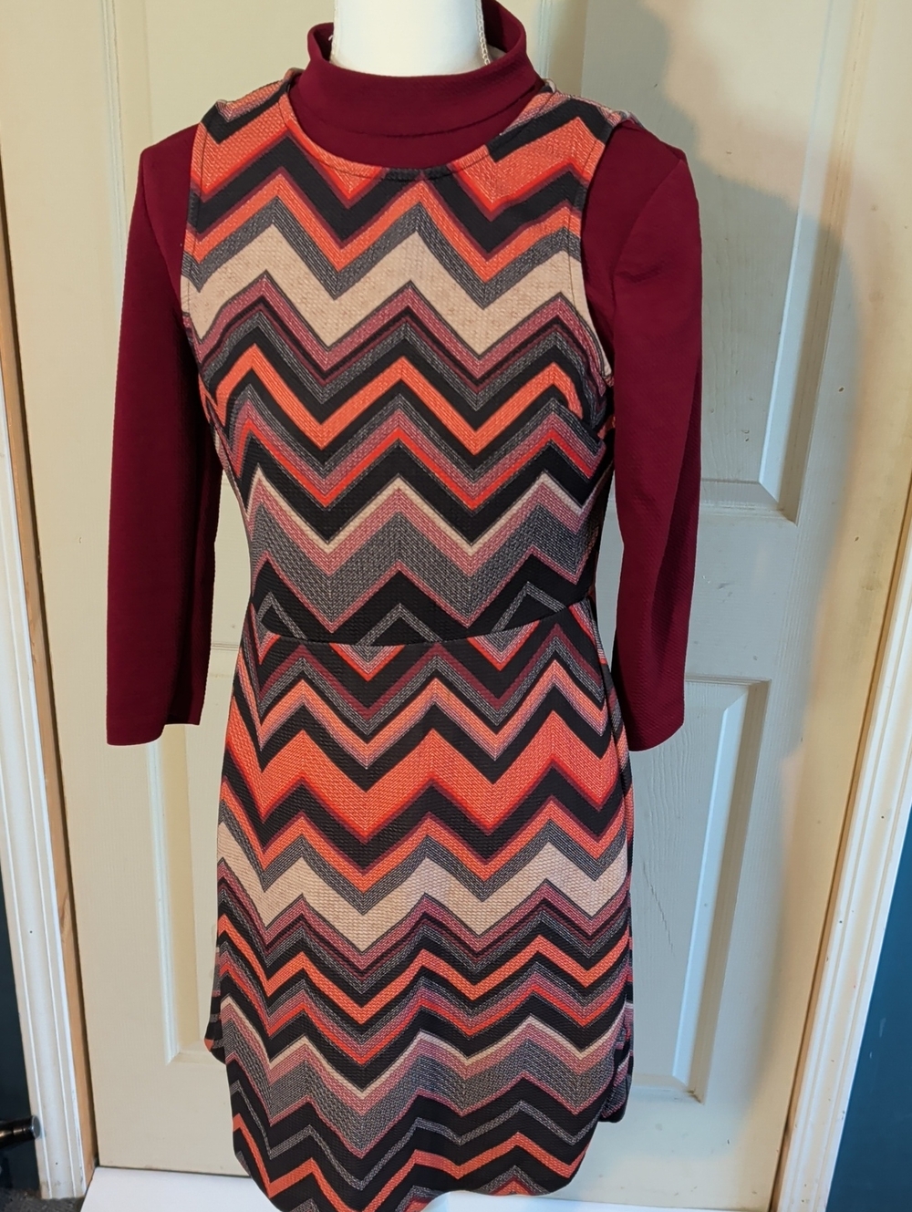 ECI Chevron Knit Mini Dress in Burgundy, Orange and Black